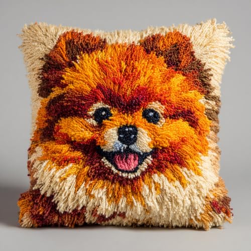 XDEGHUANGSS Knüpfkissen Set Hundemotiv – DIY Kissenbezug zum Selbermachen 43x43 cm – Zwergspitz – Knüpfteppich Kit für Erwachsene & Kinder – Handarbeitsset Hunde Muster von XDEGHUANGSS
