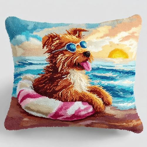 XDEGHUANGSS Knüpfkissen Set für Anfänger 43x43 cm,DIY Latch Hook Kissen zum Selbermachen mit vordruck Leinwand & Knüpfhaken,Stickerei Bastelset für Erwachsene & Kinder,Hund spielt im Wasser von XDEGHUANGSS