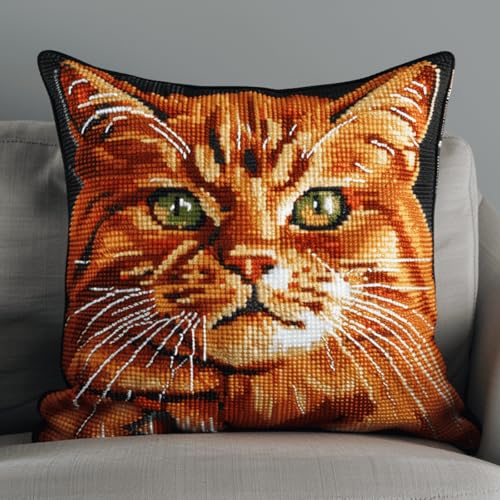 XDEGHUANGSS Knüpfset Kissenbezug 43x43cm,DIY Knüpfkissen & Latch Hook Kit,Knüpfteppich Bastelset für Kinder & Erwachsene,gemeinsame Familienaktivität & kreative Dekoration,Orange Katze von XDEGHUANGSS