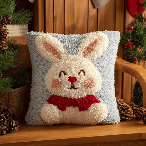 XDEGHUANGSS Knüpfset für Anfänger Erwachsene,Komplettset mit bedruckter Leinwand,Kaninchen,Einfaches DIY Kissen Bezug 43x43 cm für Sitzkissen & Home Decor Geschenk von XDEGHUANGSS