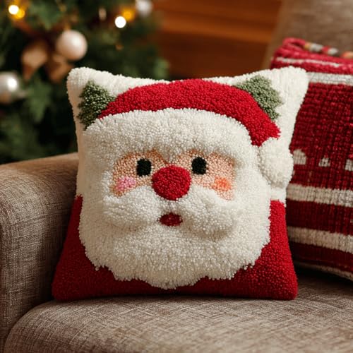XDEGHUANGSS Knüpfset für Anfänger Erwachsene,Komplettset mit bedruckter Leinwand,Weihnachtsmann,Einfaches DIY Kissen Bezug 43x43 cm für Sitzkissen & Home Decor Geschenk von XDEGHUANGSS