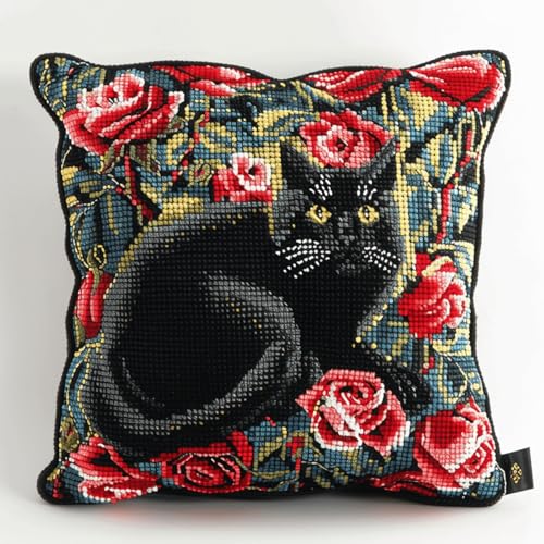 XDEGHUANGSS Knüpfteppich Kissenbezug Set 43x43cm,Latch Hook Kit & Knüpfkissen Handarbeitsset zum Selbermachen,Geschenkidee für Handarbeit,Basteln & Wohnkultur,Schwarze Katzenrose von XDEGHUANGSS