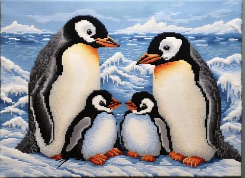 XDEGHUANGSS Knüpfteppich Set zum Selbermachen,Latch Hook Rug Kit mit Vorgedruckter Leinwand,Teppich Knüpfset für Erwachsene,Stickerei & Handarbeitsset für Wohnzimmer Deko,Pinguinfamilie-52x38cm von XDEGHUANGSS