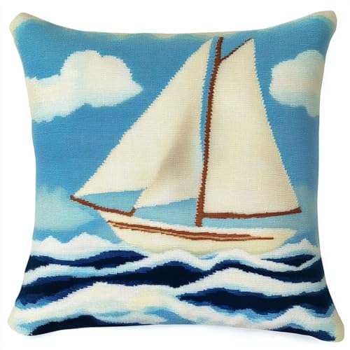 XDEGHUANGSS Knüpfteppich Zum Selber Knüpf-Sets mit Kissen knüpfen-Set 43x43cm Kissenbezug-Set für Erwachsene und Kinder Latch Hook Kit Heimaccessoire - Nautisches Segelboot von XDEGHUANGSS