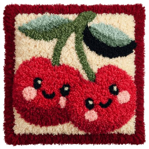 XDEGHUANGSS Kreativ Set Erwachsene:DIY Knüpfen Kissenbezug 43x43 cm mit Vordruck,Süße Kirsche,Vollständiges Knüpfkissen Set für Einsteiger,zur Herstellung von Wurfkissen & Sofadeko von XDEGHUANGSS