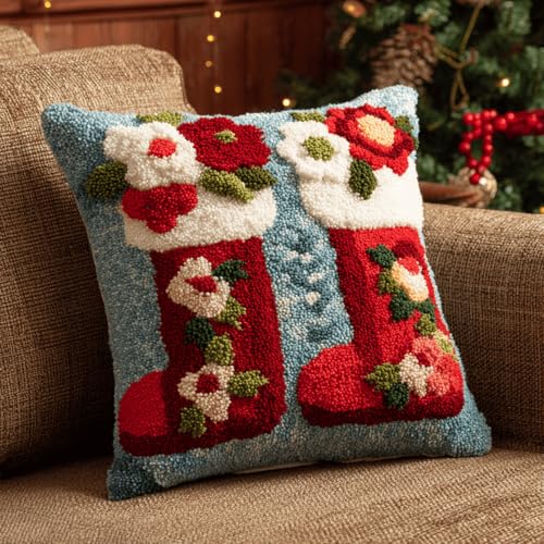 XDEGHUANGSS Kreativ Set Erwachsene:DIY Knüpfen Kissenbezug 43x43 cm mit Vordruck,Weihnachtsstiefel,Vollständiges Knüpfkissen Set für Einsteiger,zur Herstellung von Wurfkissen & Sofadeko von XDEGHUANGSS