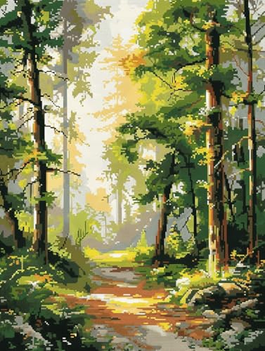 XDEGHUANGSS Kreuzstich-Set mit fertig gedrucktem Motiv,11CT Stickgarn Set inklusive Zubehör,40x50 cm,Ideal für Anfänger & Fortgeschrittene,Kreatives Stickprojekt zur Entspannung,Waldlandschaft von XDEGHUANGSS