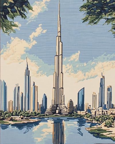 XDEGHUANGSS Kreuzstich Stickpackungen Set Erwachsene,Vorgedruckt Kreuzstich Stickpackung Zum Sticken Starter Set Für Erwachsene Anfänger,Cross Stitch Kit - Dubai: Burj Khalifa von XDEGHUANGSS