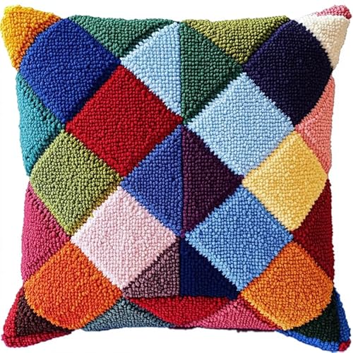 XDEGHUANGSS Latch Hook Kissen Kit 43x43 cm,Buntes geometrisches Muster,Knüpfkissen Set für Anfänger zum Selbermachen,DIY Knüpfteppich Set inkl. Kissenbezug,Handarbeit Geschenk für Kinder & Erwachsene von XDEGHUANGSS