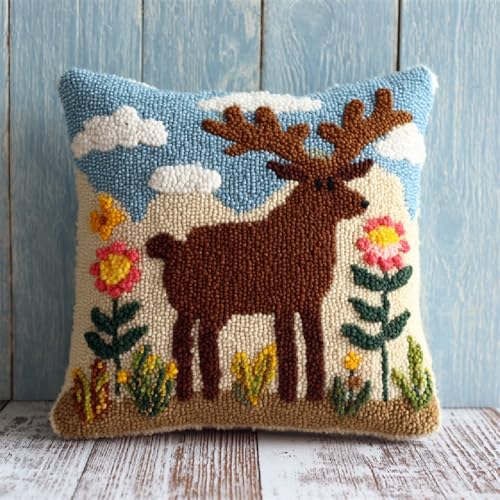 XDEGHUANGSS Latch Hook Kissen Kit DIY für Anfänger,Knüpfkissen Selber Machen mit Wolle und Werkzeuge,Blumenhirsch,43x43cm Teppichkissen Wohnkultur,Kreativset zur Entspannung von XDEGHUANGSS