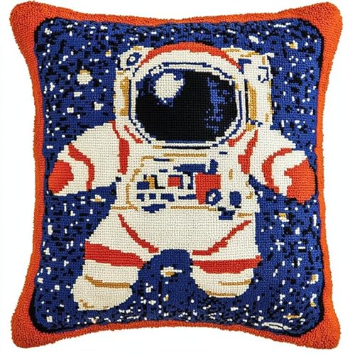 XDEGHUANGSS Latch Hook Kit DIY Knüpfkissen Set (17x17in/43x43cm) für Anfänger Erwachsene & Kinder,Astronaut,Knüpfteppich Kissenbezug,Geschenkidee & Handarbeitsset von XDEGHUANGSS