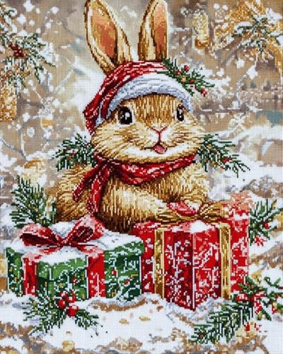XDEGHUANGSS Weihnachts-Kreuzstich Set,Weihnachtshase und Geschenke,Inklusive vorgedruckter Leinwand,Fäden und Nadeln,Perfekt für Weihnachtsdekoration und Geschenke,11 CT 16x20 Zoll von XDEGHUANGSS