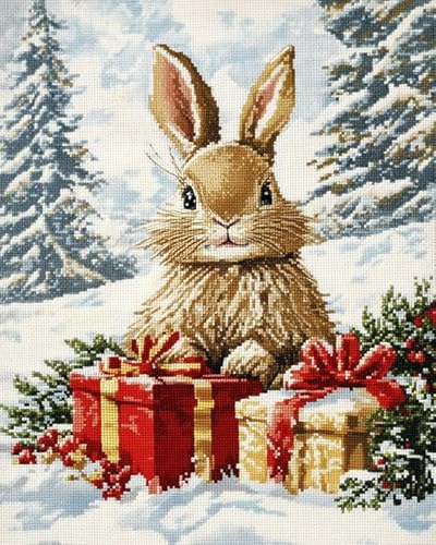 XDEGHUANGSS Weihnachts-Kreuzstich Set,Weihnachtshase und Geschenke,Komplettes Weihnachtsstick set mit vorgedruckter Leinwand,11 CT 16x20 Zoll von XDEGHUANGSS