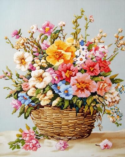 XDEGHUANGSS Zählbare Kreuzstich-Sets,Vordruck Stickerei auf Leinwand, Bastelsets für Erwachsene,Anfänger,Handstickerei-DIY 40x50cm - Blumenkorb von XDEGHUANGSS