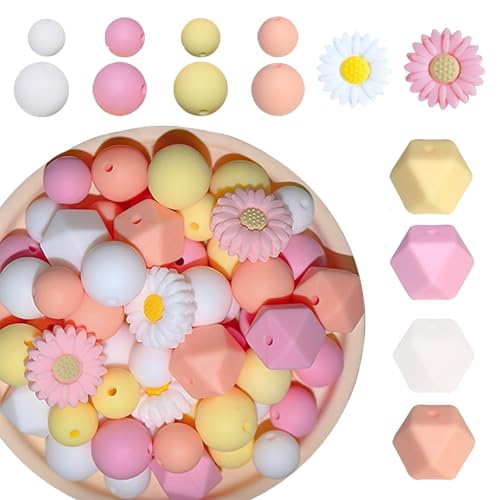 100 Stück Blumenförmige Silikonperlen DIY Gänseblümchen Bastelperlen 4 Farben Perlen Set für Schlüsselanhänger, Armbänder, Halsketten, Dekorationen von XDGBGFN