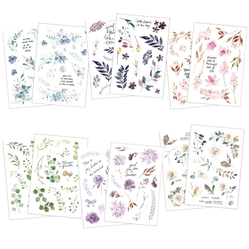 12 Blatt Transferaufkleber Set Blumen Sticker Vintage Scrapbook Sticker für DIY Basteln, Bullet Journal, Planer, Album von XDGBGFN