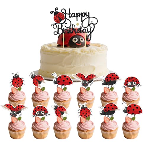 25 Stück Marienkäfer Kuchen Topper Marienkäfer Geburtstag Dekoration Tortendeko Marienkäfer Happy Birthday Cake Topper für Kinder Jungen und Mädchen Geburtstag Party von XDGBGFN