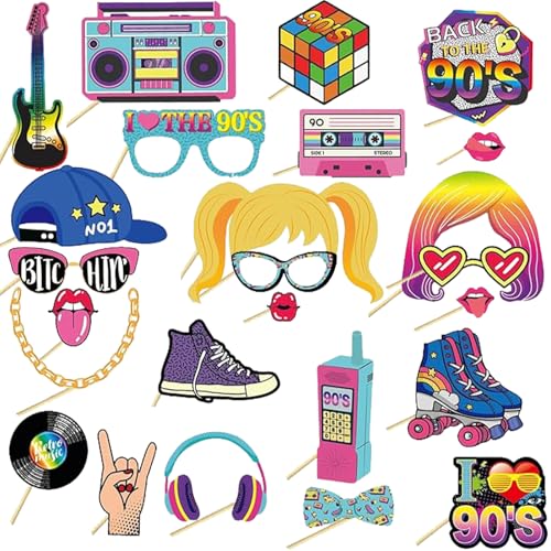 25 Stück Party Fotoautomat Requisiten 90er Jahre Photo Booth Props für Geburtstag Karneval Hochzeit Disco Party Zubehör von XDGBGFN