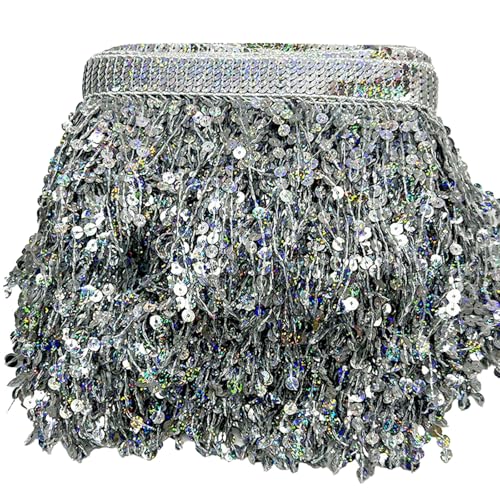 3 Meter Paillettenband mit Quaste Fransenborte Fransen für DIY Kleidung Dekoration, Vorhänge, Taschen, Kunsthandwerk (Silber) von XDGBGFN
