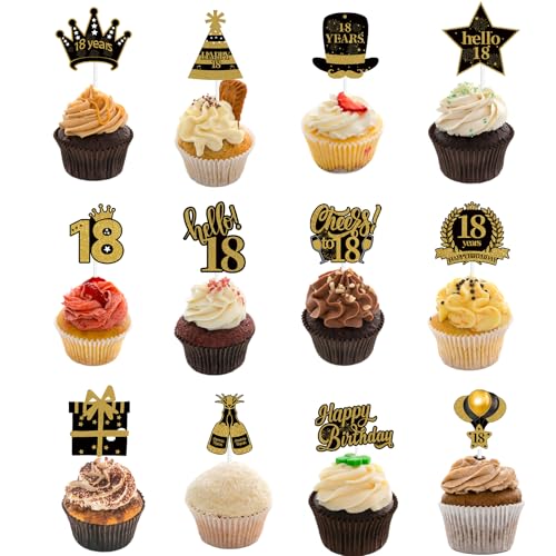 36 Stück Cupcake Toppers Vintage 18 Geburtstag Tortendeko Cake Topper 18 Geburtstag Gold Schwarz Glitzer Kuchen für Party Kuchen Dekorationen Zubehör (Gold Schwarz 18th) von XDGBGFN