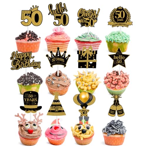 36 Stück Cupcake Toppers Vintage 50 Geburtstag Tortendeko Cake Topper 50 Geburtstag Gold Schwarz Glitzer Kuchen für Party Kuchen Dekorationen Zubehör (Gold Schwarz 50th) von XDGBGFN