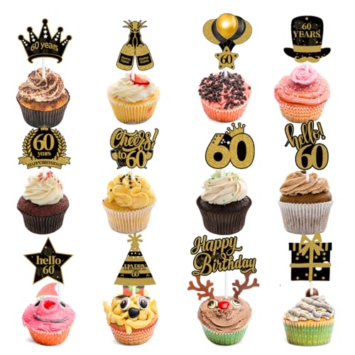 36 Stück Cupcake Toppers Vintage 60 Geburtstag Tortendeko Cake Topper 60 Geburtstag Gold Schwarz Glitzer Kuchen für Party Kuchen Dekorationen Zubehör (Gold Schwarz 60th) von XDGBGFN