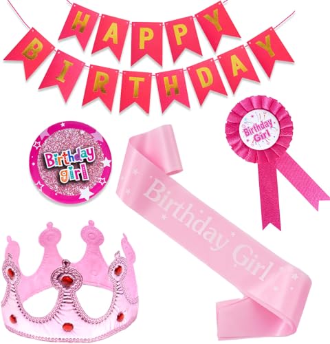 5-teiliges Geburtstagsset, Geburtstags-Abzeichen, Schärpe, König, Krone, Mädchen und Banner, Dekorationsset für Kindergeburtstage, Partyzubehör (Rosa) von XDGBGFN