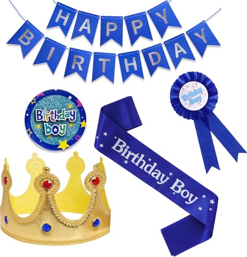 5-teiliges Geburtstagsset, Geburtstags-Abzeichen-Schärpe, Herren, König, Krone, Junge und Banner, Dekorationsset für Kindergeburtstage, Partyzubehör (blau) von XDGBGFN