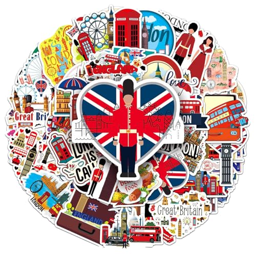 50 Stücke London Deko Sticker Wasserdicht und Spurlos, Wiederverwendbar London Bus Sticker für Skateboards, Koffer, Wasserflaschen, Computer, Fahrräder, Gitarre, Helm Deko (2) von XDGBGFN