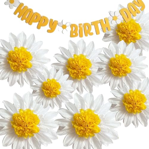 8 Stück Gänseblümchen Party Dekoration Weiß Gelb Blumen Künstliche Gänseblümchen und Happy Birthday Banner Hängende Deko für Geburtstag Hochzeit Klassenzimmer Hintergrund von XDGBGFN