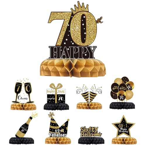 9 Stück 70. Geburtstag Dekorationen 70. Geburtstag Tischdekorationen für Männer Frauen Schwarz und Gold Wabenaufsätze Tischdekoration (70) von XDGBGFN