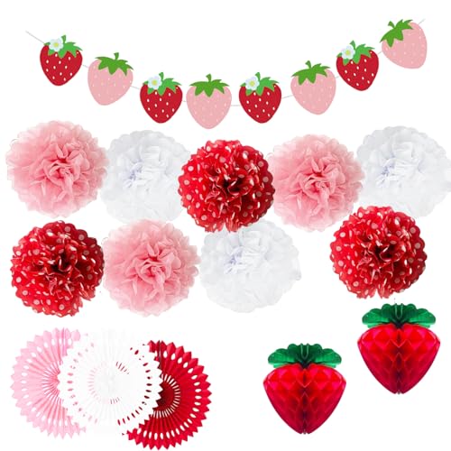 Erdbeer-Party-Dekorationen, Erdbeer-Banner, Wabenbälle, Papierfächer, Pompons, Rot, Rosa, Weiß, 4 Stile von XDGBGFN