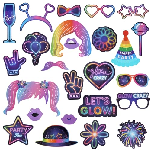 Neon Party Fotobox Accessoires Foto Booth Props DIY Fotobox Requisiten mit Stick für Geburtstag, Karneval, Hochzeit, Disco Party Zubehör (25) von XDGBGFN