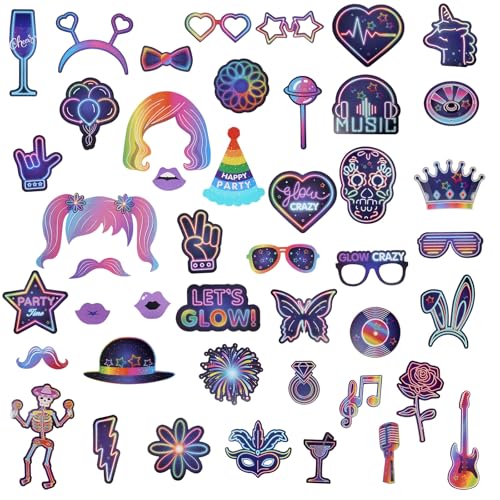 Neon Party Fotobox Accessoires Foto Booth Props DIY Fotobox Requisiten mit Stick für Geburtstag, Karneval, Hochzeit, Disco Party Zubehör (36) von XDGBGFN