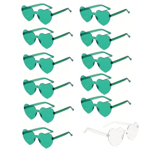 XDGBGFN 12 Stück Herz Sonnenbrille Hippie Herzförmige Brille mit 12 Stück Tattoo Aufkleber Damen Randlose Herz Brille für Hochzeiten Hochzeiten Außenaufnahmen Festivalfeier (Grün) von XDGBGFN