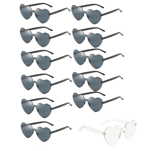 XDGBGFN 12 Stück Herz Sonnenbrille Hippie Herzförmige Brille mit 12 Stück Tattoo Aufkleber Damen Randlose Herz Brille für Hochzeiten Hochzeiten Außenaufnahmen Festivalfeier (Schwarz) von XDGBGFN