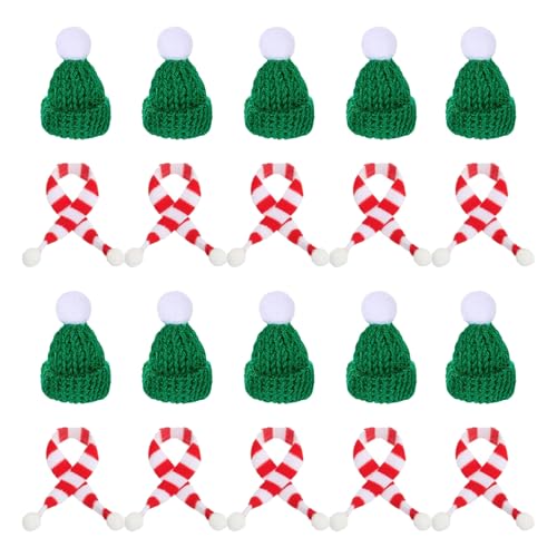 XDGBGFN 20 Stück Mini Weihnachtsmütze und Schal Set, 10 PCS Mini Schal und 10 PCS MiniStrickmütze, für Weihnachten Weinflasche Abdeckung, Weihnachten Heimdekoration ﻿ (Grün) von XDGBGFN