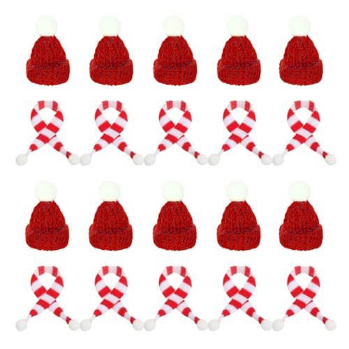 XDGBGFN 20 Stück Mini Weihnachtsmütze und Schal Set, 10 Stück Mini Schal und 10 Stück Mini Strickmütze, für Weihnachten Weinflasche Abdeckung, Weihnachten Heimdekoration ﻿ (Rot) von XDGBGFN