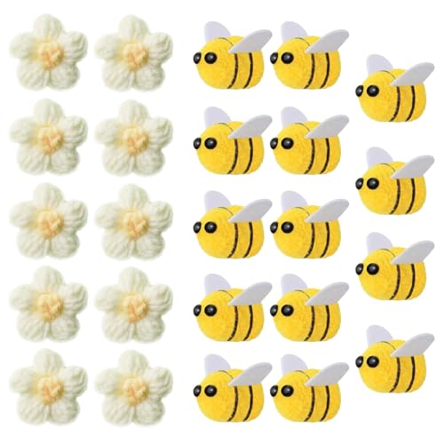 XDGBGFN 24 Stück Filzblumen Biene Deko, 14 Stück Mini Filz Bienen it 10 Stück Häkelblumen für DIY Handwerk Shop Kleidung Dekorationen von XDGBGFN