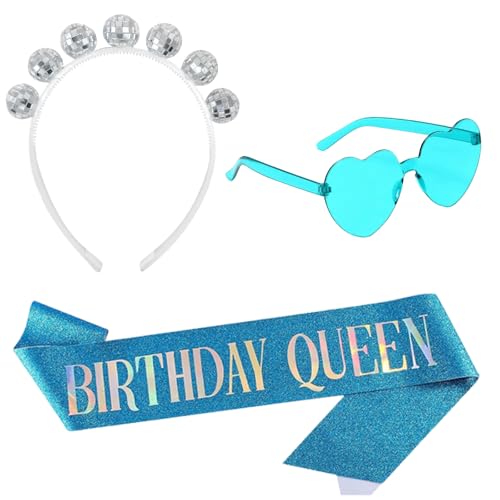 XDGBGFN 3 Stück Tanzende Königin Schärpe Geburtstag Dekorationen Disco Junggesellinnenabschied Dekorationen Herzförmige Sonnenbrille Disco Rock Musik Party Dekorationen für Frauen von XDGBGFN