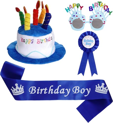 XDGBGFN 4 Stück Happy Birthday Set Kuchen Geburtstag Hut und Brille Abzeichen Schärpe Plüsch Kuchen Hut für Unisex-Erwachsene Geburtstag Party Zubehör von XDGBGFN