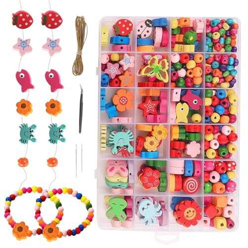 XDGBGFN 550 Stück Holzperlen zum Auffädeln Bunte Perlen Kinder Holz DIY Bastelset mit Nadel, Faden, Pinzette Perlen für Armbänder Kinder, Geschenkidee, Handwerk von XDGBGFN