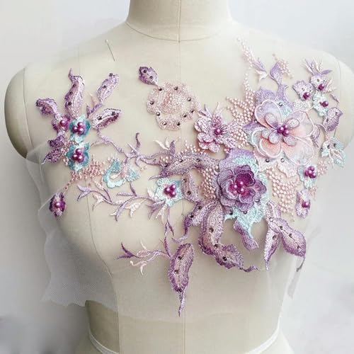 3D Blumenperlen bestickt Hochzeit Spitze Stoff Applikationen Nähen Patch für Hochzeitskleid DIY Dekor 33 x 28 cm von XDMING