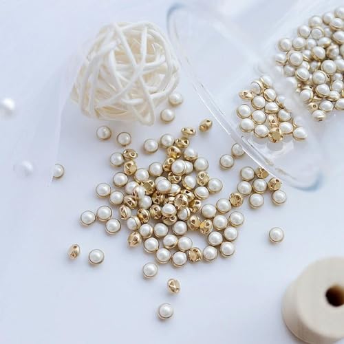 XDMING 50 Stück 5 mm Silber/Gold-Rückseite, weiße Perle, runde Mini-Knöpfe, winzig, für Puppen, Basteln, Scrapbooking, DIY von XDMING