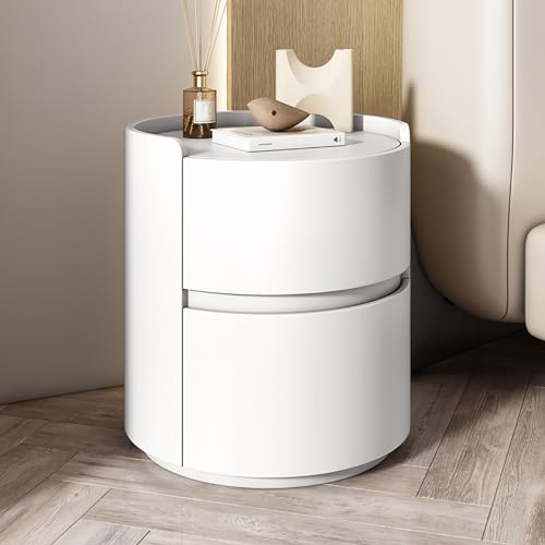 Moderner Minimalistischer Nachttisch aus Massivem Holz in Weiß - Runder Schlafzimmer-Beistelltisch Mit Aufbewahrungsschubladen, Kommode, Mini-Nachttisch von XDONE
