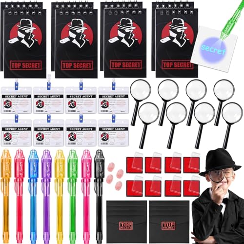 XEERUN Detektiv Set Kinder, Detektiv 48 STK Kindergeburtstag Mitgebsel, Detektiv Set mit Stift Lupen Sonnenbrillen Detektivausweis Umschlag Aufkleber für Kinder Kindergeburtstag Gastgeschenke von XEERUN
