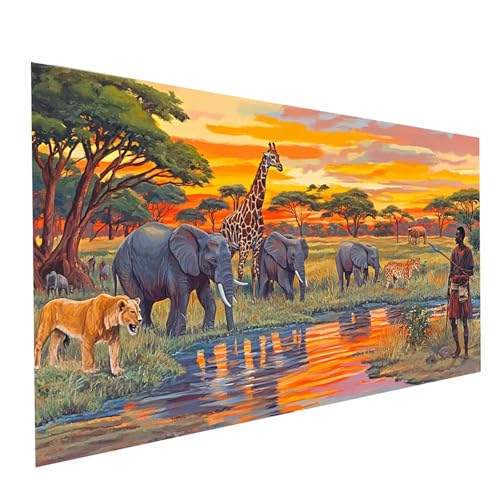 5D Diamond Painting Erwachsene Afrika Runden Volldiamant Malen Nach Zahlen Tier, Diamant Strasssteine DIY Set mit Diamond Painting Zubehör, Bastelset Erwachsene für Zimmer Deko 100 x 50cm Model-03572 von XELIETOO