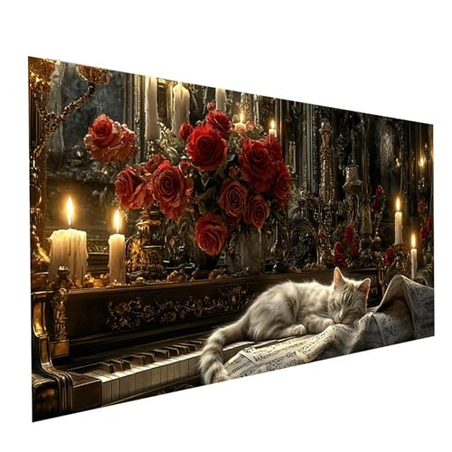 Diamond Painting Katze, 5D DIY Malen Nach Zahlen Erwachsene mit Diamond 100 x 200cm, Diamant Painting Bilder Klavier, Square Strasssteine Stickerei Embroidery kit, für Deko Wohnzimmer Model-05840 von XELIETOO