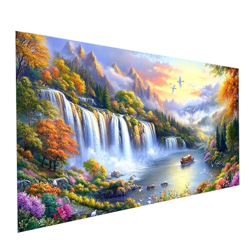 Diamond Painting Wasserfall, 5D DIY Malen Nach Zahlen Erwachsene mit Diamond 40 x 80cm, Diamant Painting Bilder Boot, Square Strasssteine Stickerei Embroidery kit, für Deko Wohnzimmer Model-13803 von XELIETOO