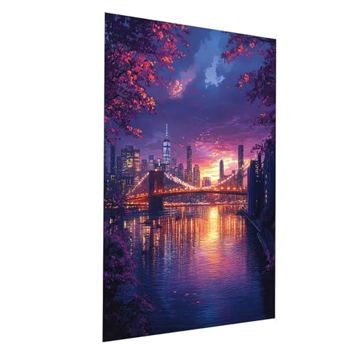 Malen Nach Zahlen Erwachsene Brooklyn Bridge Malen Nach Zahlen Basteln Erwachsene Nachtansicht mit Acrylfarben Set Pinselset und Leinwand zum Bemalen 70 x 95CM, Deko Wohnzimmer Geschenke Model-01978 von XELIETOO